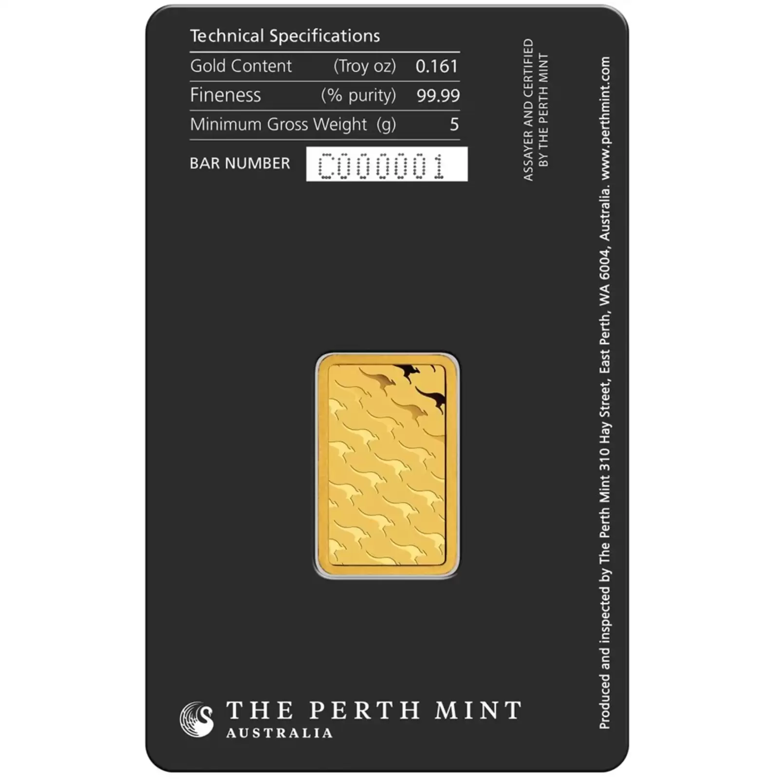  5 Gram Perth Mint Kangaroo Gold Minted Bar